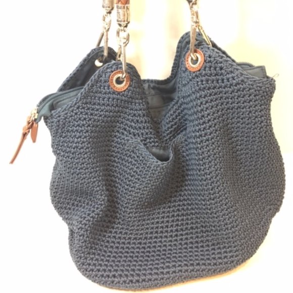 The SAK HOBO Navy Blue Crochet Shoulder Handbag Detachable Handles - Picture 2 of 14